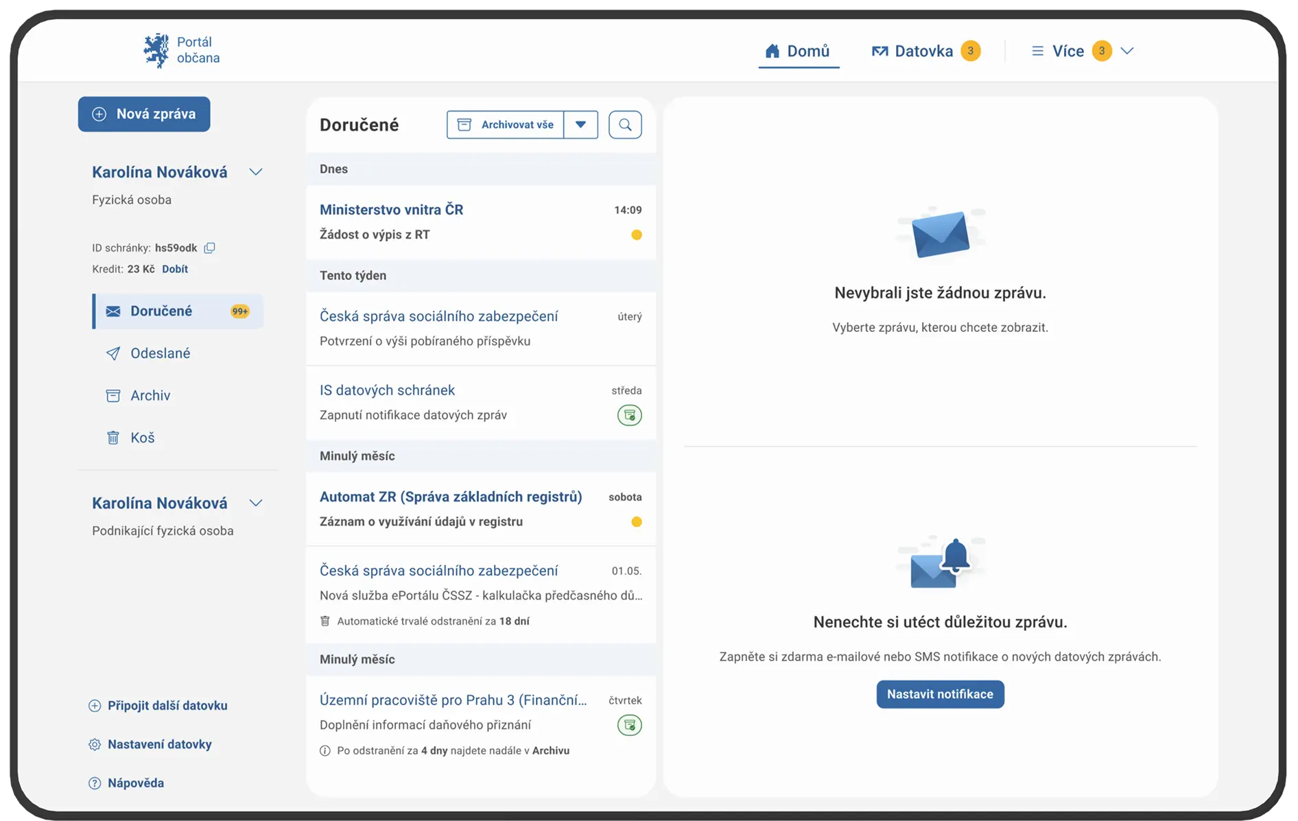 Prohlížeč s otevřenou stránkou datových schránek v Portálu občana. Ta je rozdělená do třech sloupců: seznam složek, doručené datové zprávy a možnost nastavení notifikací.