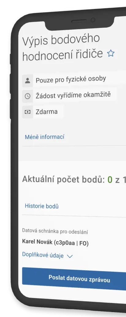 Mobilní telefon zobrazující výpis bodového hodnocení s aktuálním počtem udělených bodů a možností zaslání výpisu do datové schránky.