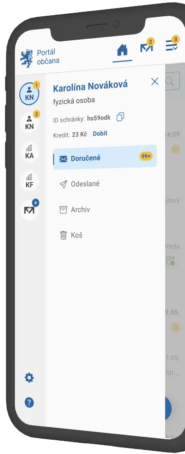Mobilní telefon s otevřenou datovou schránkou.